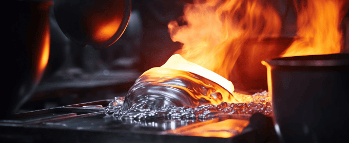 Close up view of molten glowing aluminium metal flowing into industrial casting moulds in a dimly lit factory setting The liquid metal is being poured for the manufacturing process.